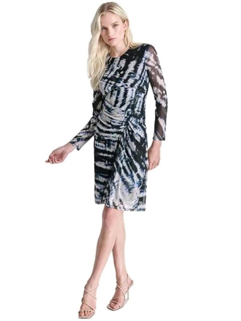 DKNY Womens Size 6P Printed Side-Ruched Sheer-Sleeve Mesh Dress MSRP $ 139 #AA